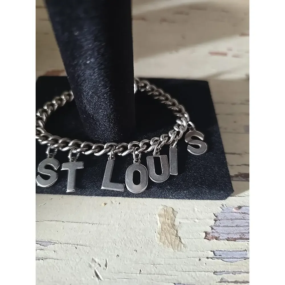 Vtg Silver Tone‎ ST LOUIS Letter Charm Costume Fashion Jewelry Chain Bracelet